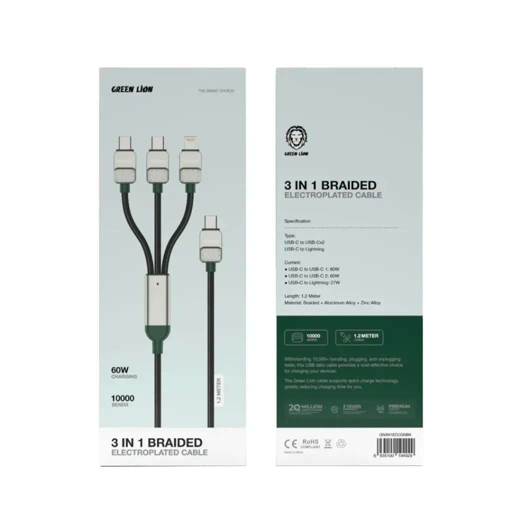 Green Lion 3-in-1 Braided Electroplated Cable USB C to C +C+L 1.2m - Linkphones Center